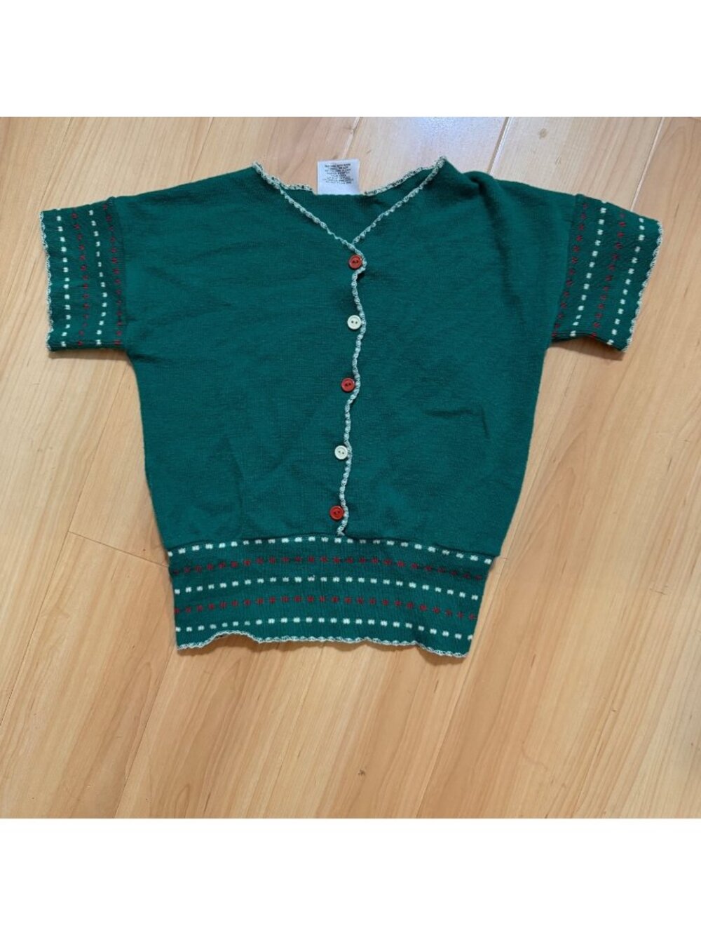 Vintage Aileen Girl Green Short-Sleeve Button-Up Knit Sweater M (10/12) With Red